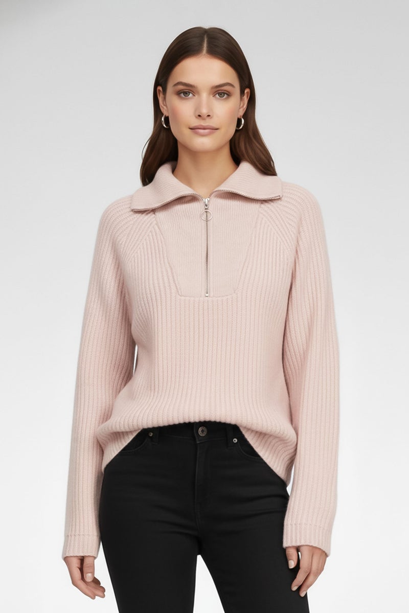 joie سويت شيرت نسائي بياقة عالية مزود بسحاب نصف، بأكمام طويلة، لون وردي فاتح - Image 2